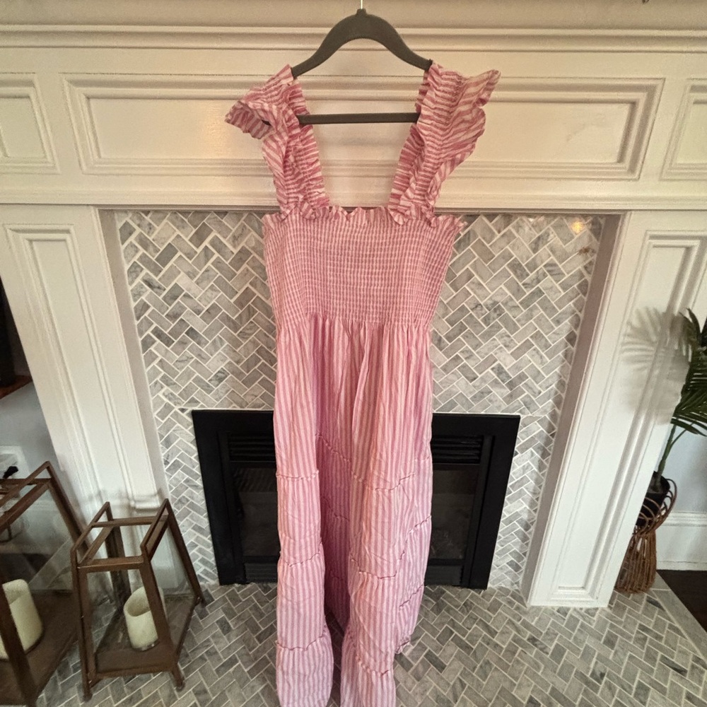 Hill House Cream & Pink Striped Ruffle-Sleeve Maxi Dress
